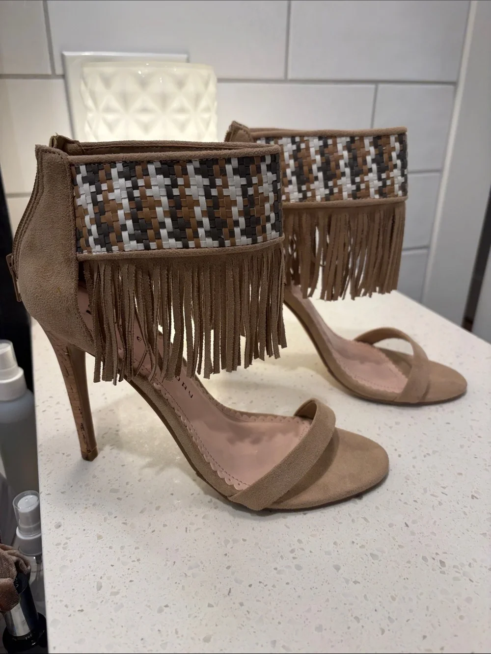 Chinese Laundry Taupe Fringe Ankle-Wrap Heels with Woven Accent